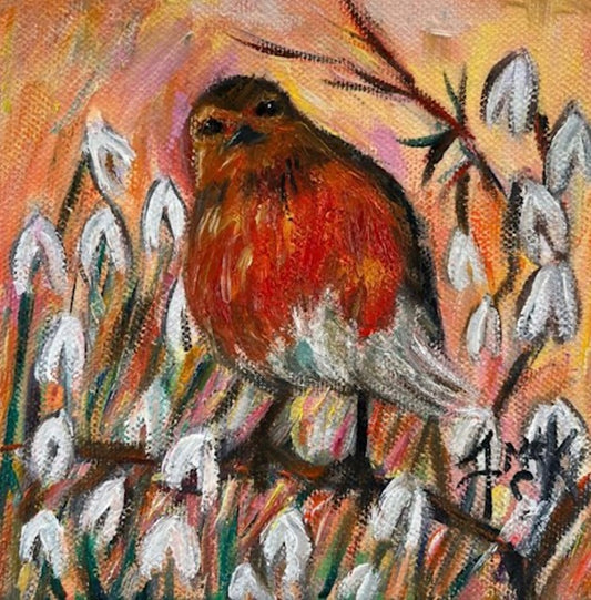 Little Robin Among Snow Drops