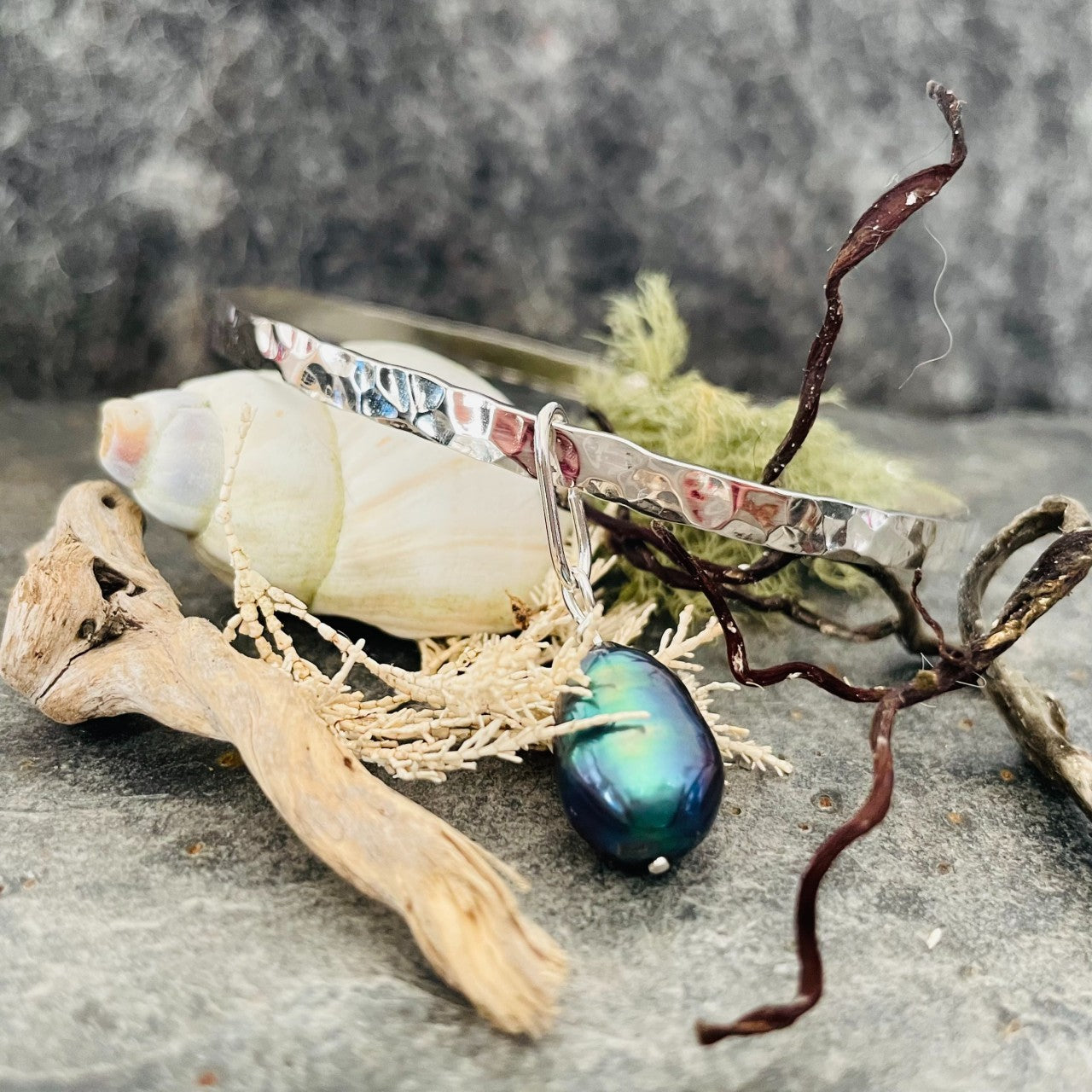 Sterling Silver Bangle with Baroque Black Peacock Pearl