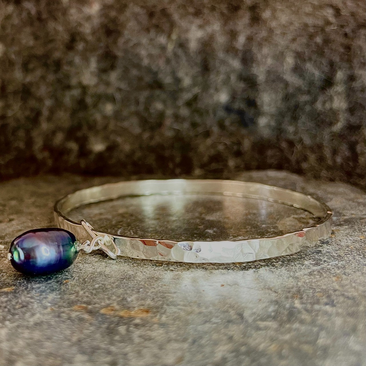 Sterling Silver Bangle with Baroque Black Peacock Pearl