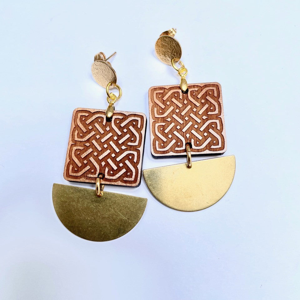 Golden Brass and Cherry Wood Engraved Earrings