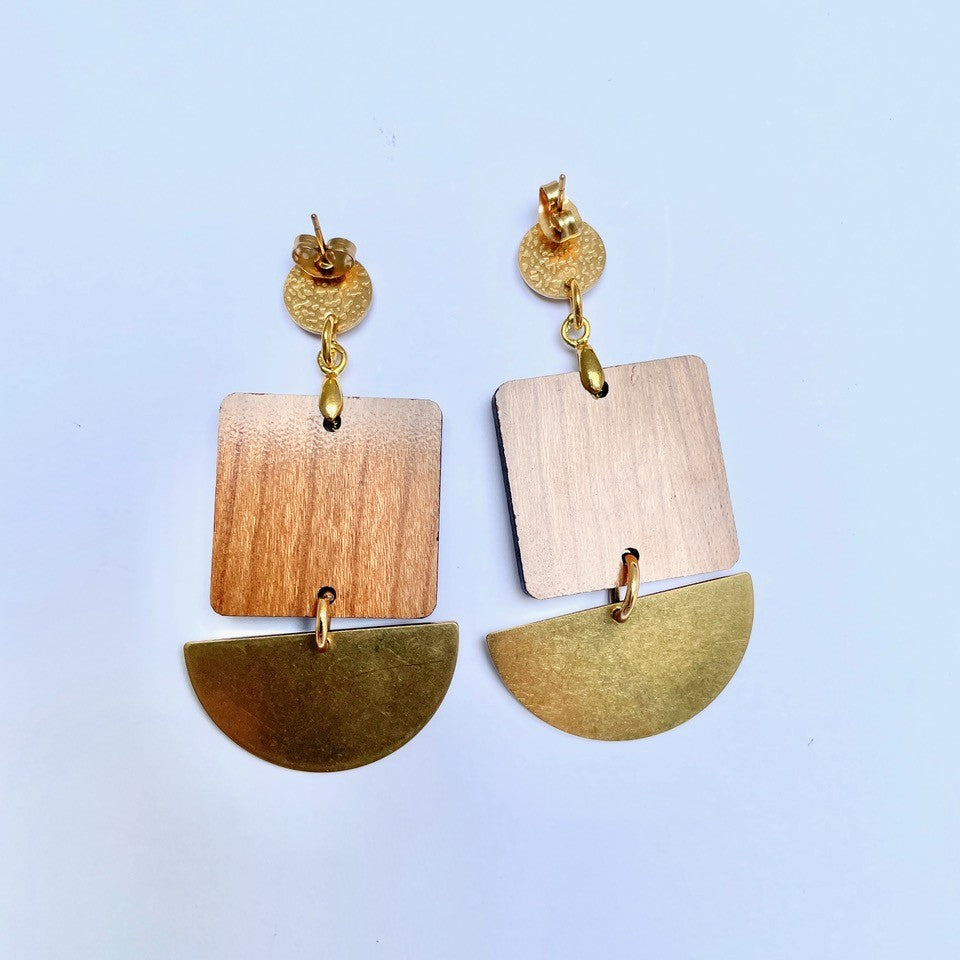 Golden Brass and Cherry Wood Engraved Earrings