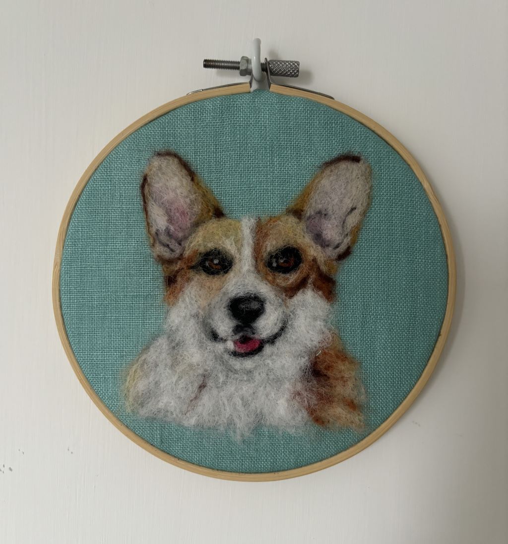 Corgi needle felt art on hoop