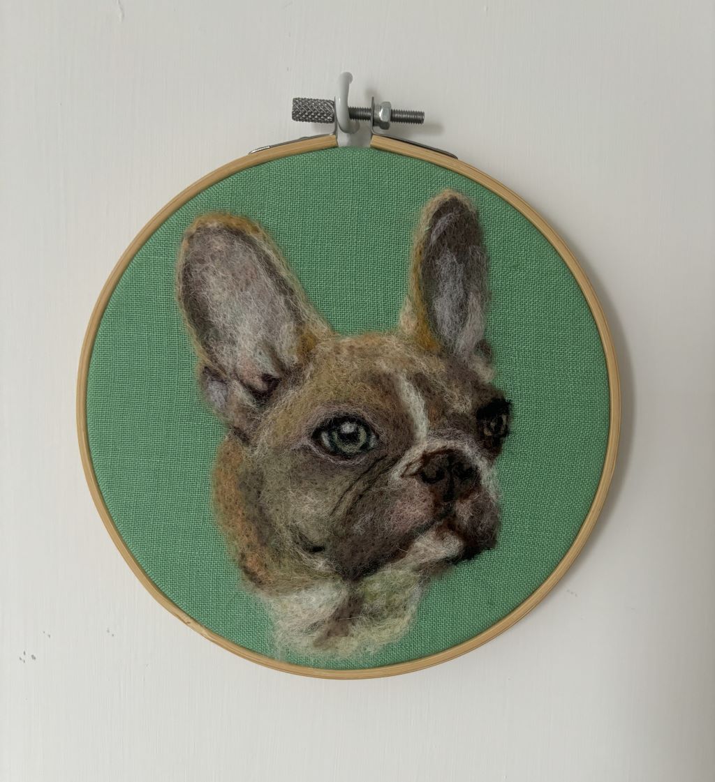 French Bulldog needle felt on hoop