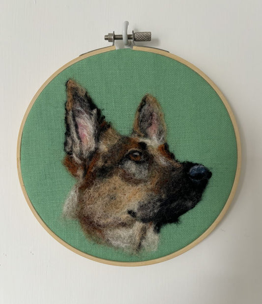 German Shepherd needle felt on hoop