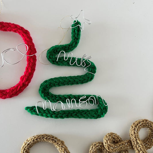 Handmade knitted wire tree decorations